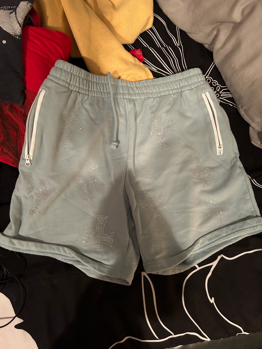 Source Unknown Light Sage Green Athletic Shorts with Rhinestone Crosses